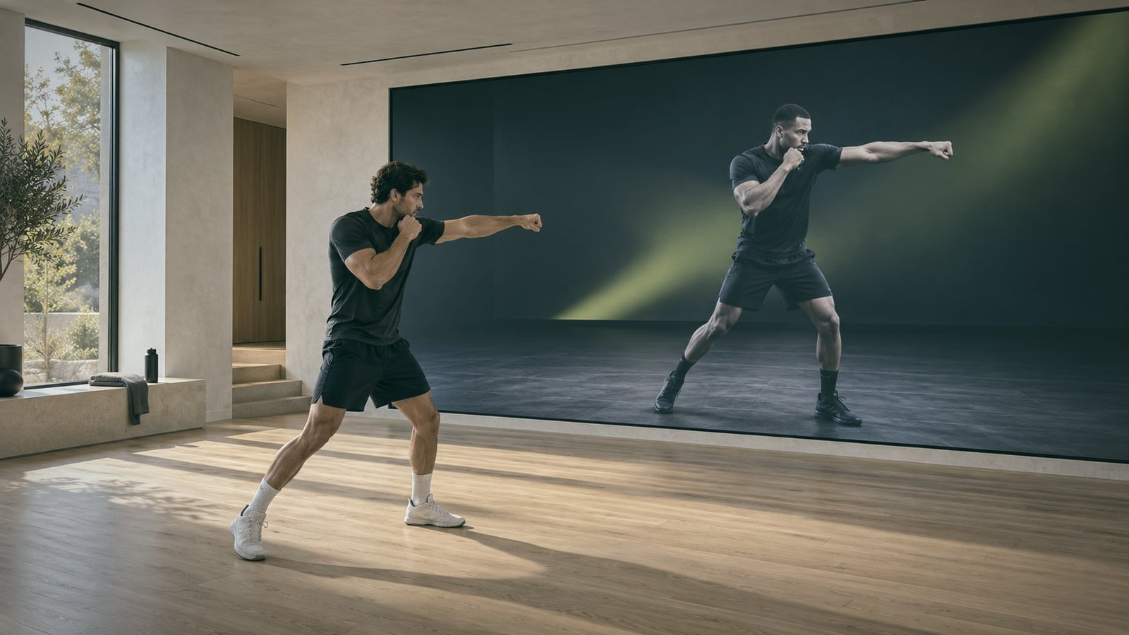 Boxing class with an LED wall: the reference movement on screen, the learner mirrors it